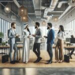 Emprendedores conversando en un moderno espacio de coworking, con ambiente tecnológico y luz natural.