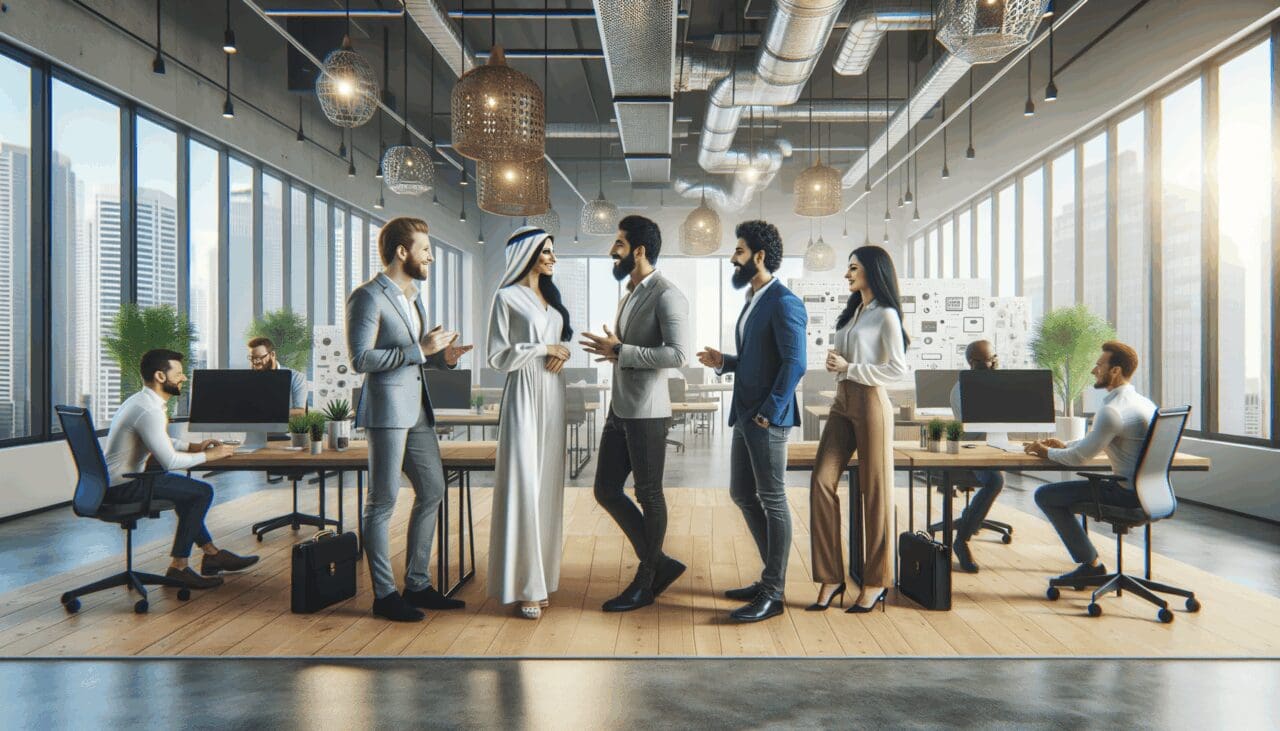 Emprendedores conversando en un moderno espacio de coworking, con ambiente tecnológico y luz natural.