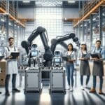 Robots industriales colaborativos en una planta moderna, con ingenieros en entorno tecnológico.
