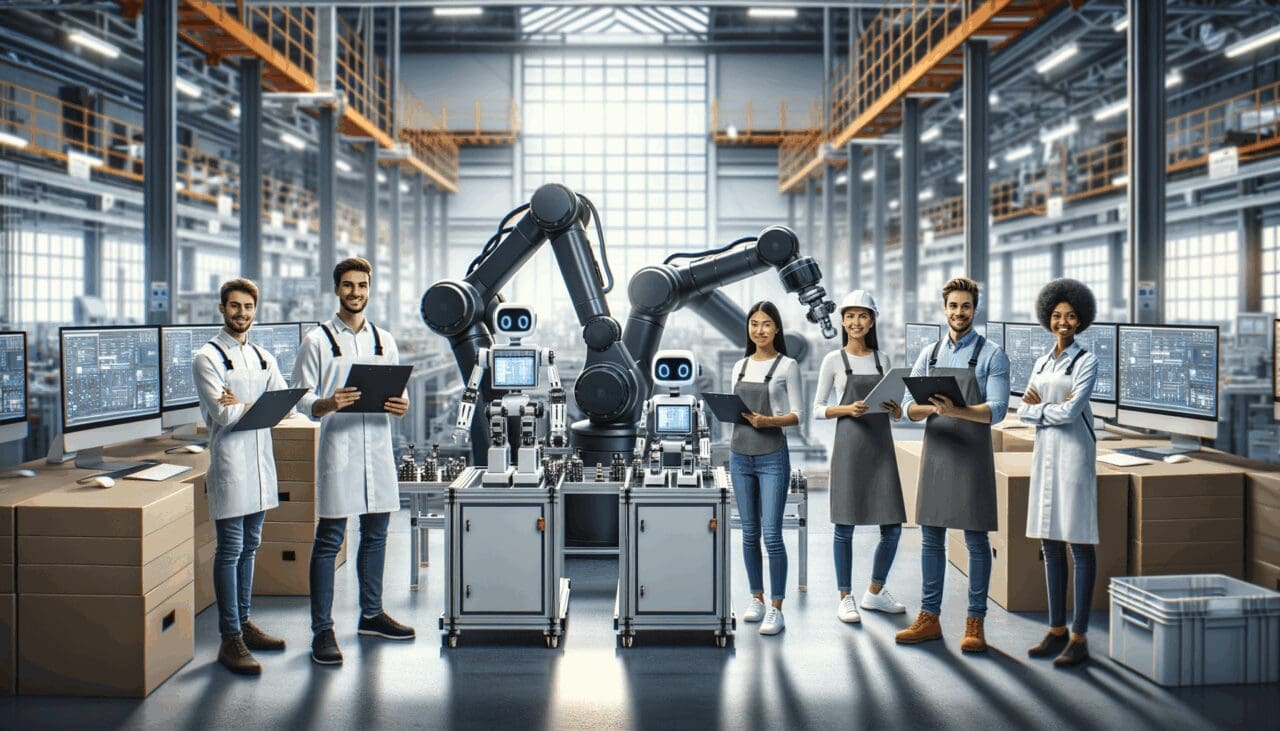 Robots industriales colaborativos en una planta moderna, con ingenieros en entorno tecnológico.