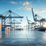 Terminal portuario moderno junto al mar, con contenedores y grúas en operación, bajo cielo despejado.