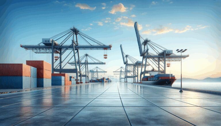 Terminal portuario moderno junto al mar, con contenedores y grúas en operación, bajo cielo despejado.