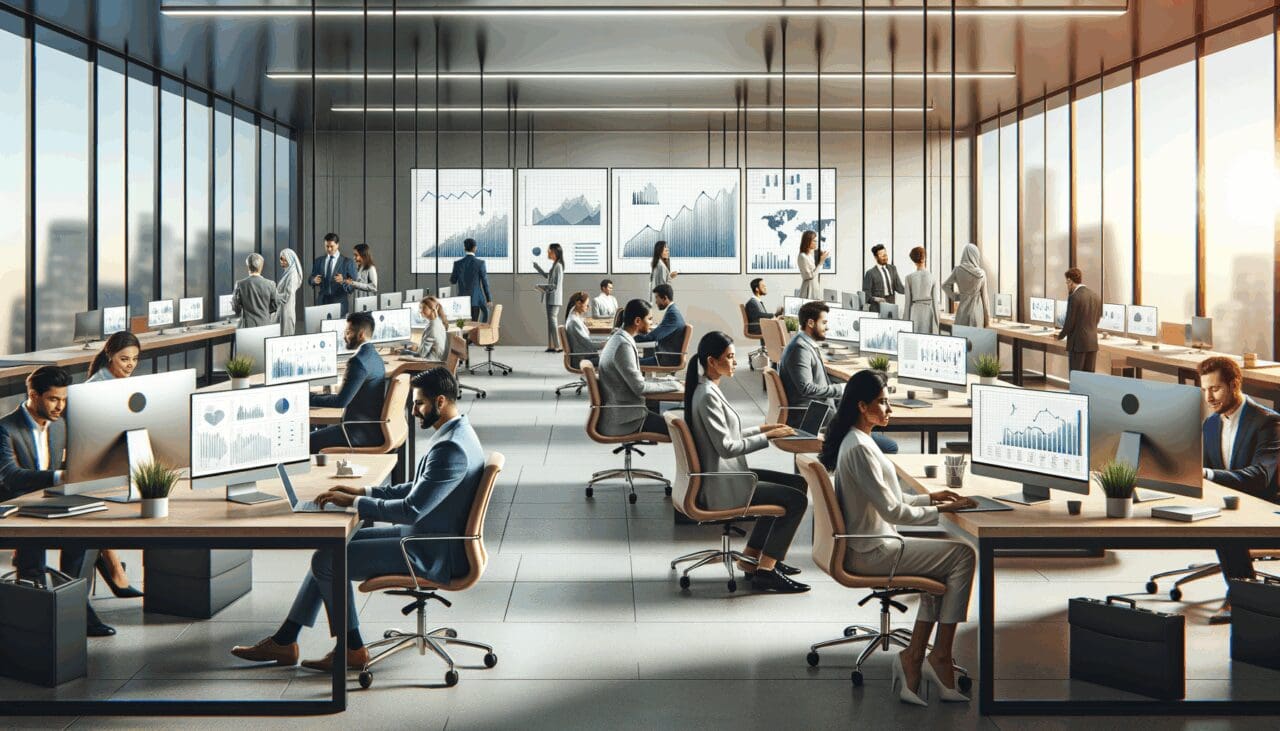 Oficinas modernas llenas de emprendedores trabajando en laptops, con gráficos financieros proyectados en pantallas.
