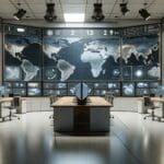 Oficina moderna con pantallas mostrando mapas digitales y cámaras de seguridad, en ambiente tecnológico.