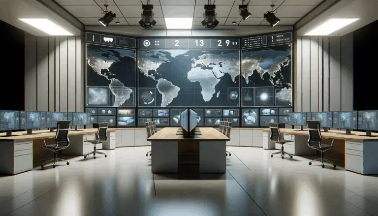 Oficina moderna con pantallas mostrando mapas digitales y cámaras de seguridad, en ambiente tecnológico.