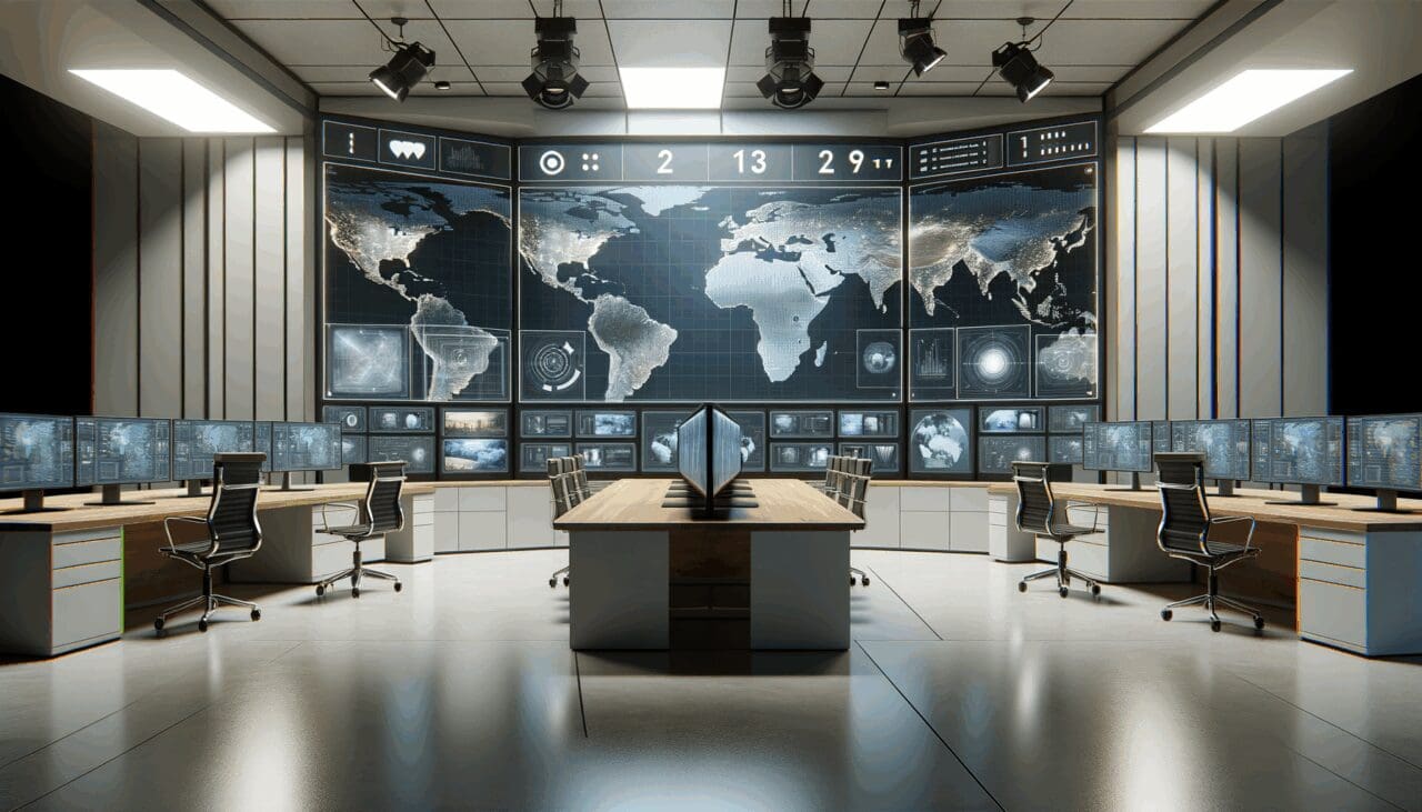 Oficina moderna con pantallas mostrando mapas digitales y cámaras de seguridad, en ambiente tecnológico.