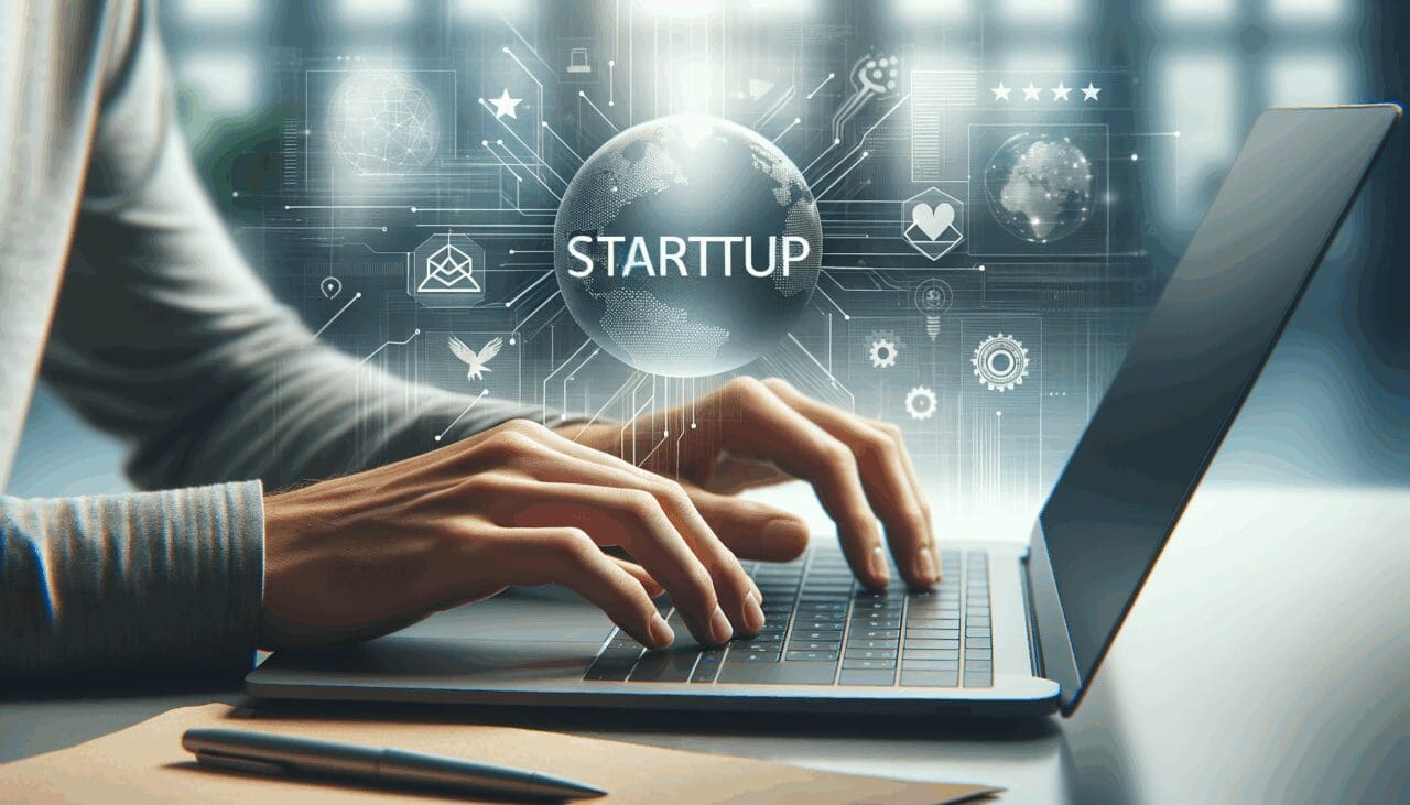 Primer plano de manos tecleando en una laptop, fondo desenfocado con gráficos de startups.