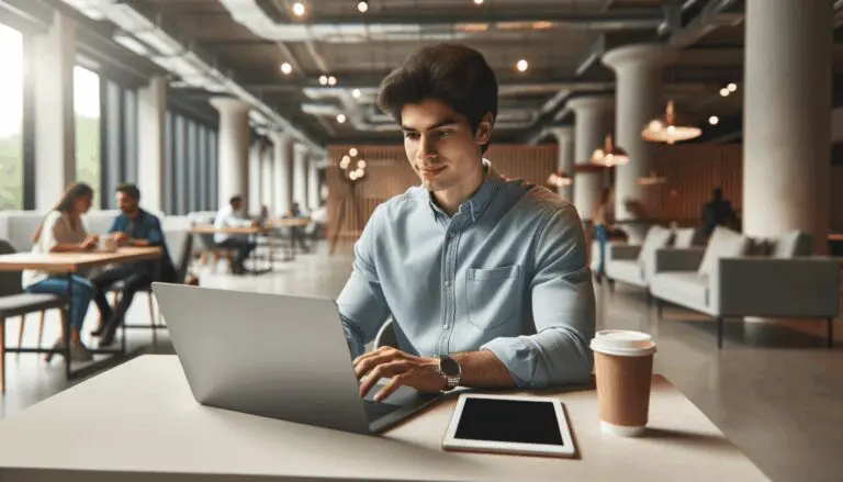 Joven emprendedor latinoamericano trabajando en una laptop en un espacio de coworking moderno.