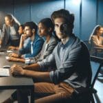 Emprendedores jóvenes trabajando de noche frente a computadoras en una oficina moderna iluminada.