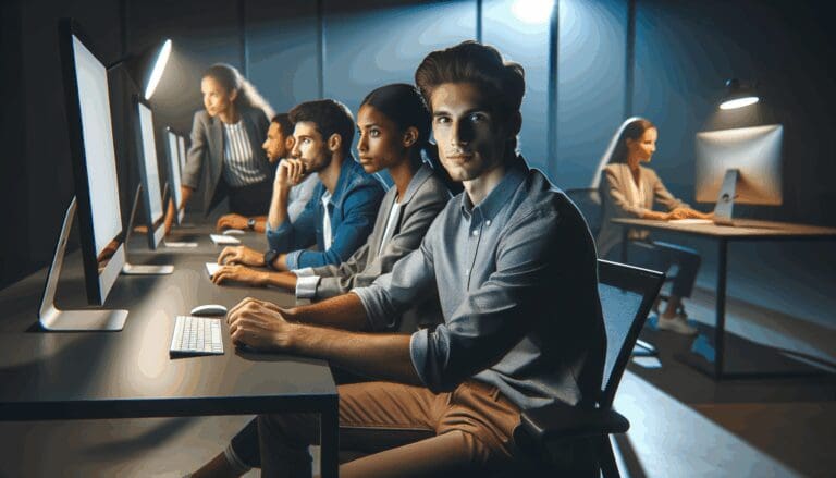 Emprendedores jóvenes trabajando de noche frente a computadoras en una oficina moderna iluminada.