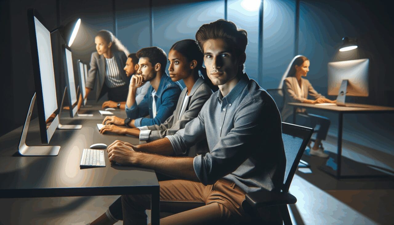 Emprendedores jóvenes trabajando de noche frente a computadoras en una oficina moderna iluminada.