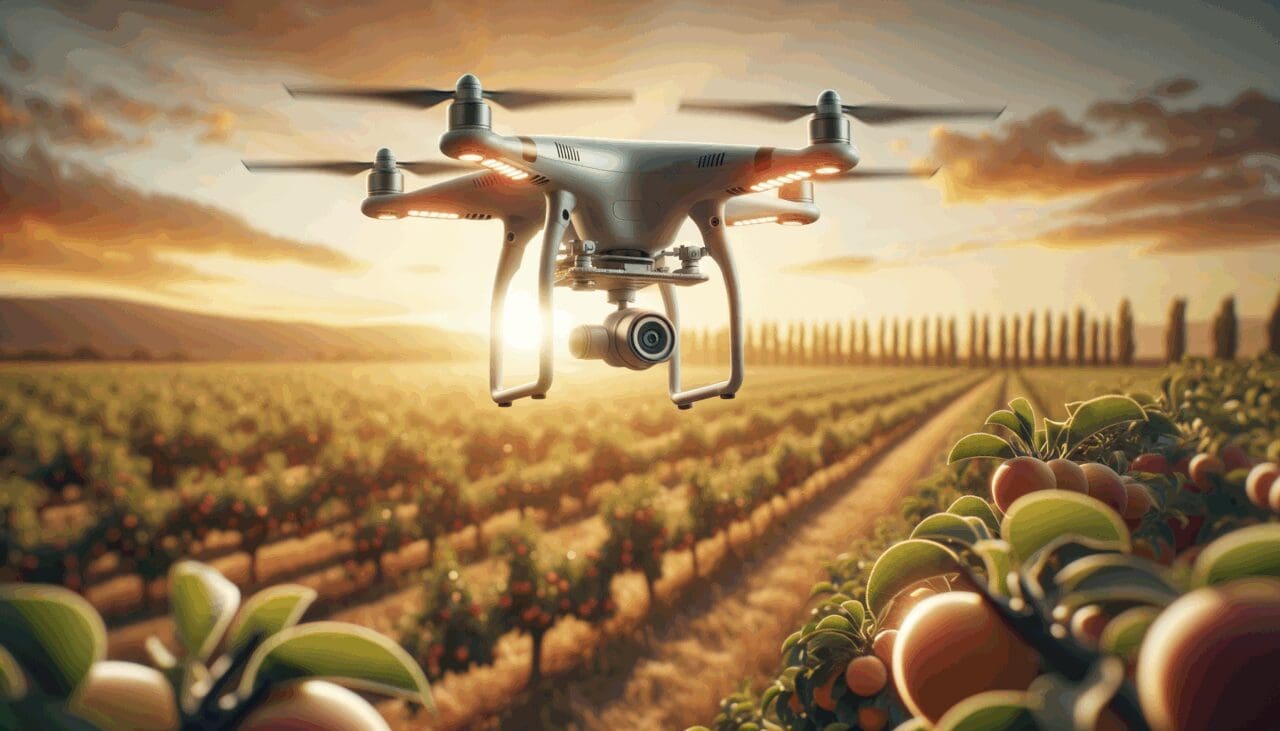 Primer plano de un dron sobrevolando un huerto frutal con sensores y cámaras avanzadas, al atardecer, estilo tecnológico y natural.