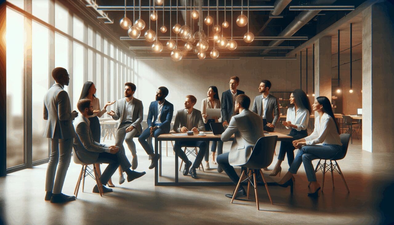 Grupo diverso de emprendedores debatiendo en un espacio de coworking moderno, ambiente innovador y multicultural.