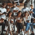 Grupo de jóvenes emprendedores leyendo y debatiendo en un espacio de coworking moderno.