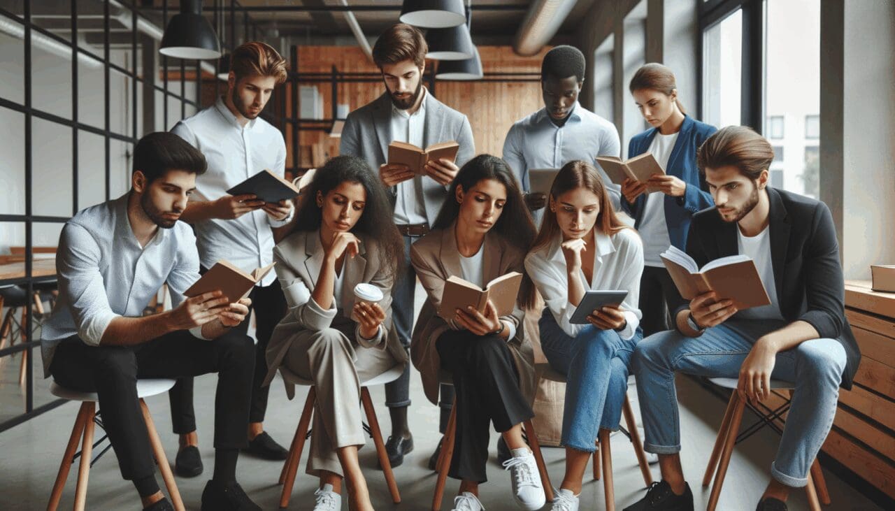 Grupo de jóvenes emprendedores leyendo y debatiendo en un espacio de coworking moderno.