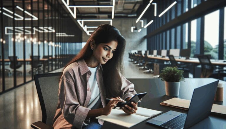 Desarrollador trabajando en aplicaciones móviles en una oficina moderna.