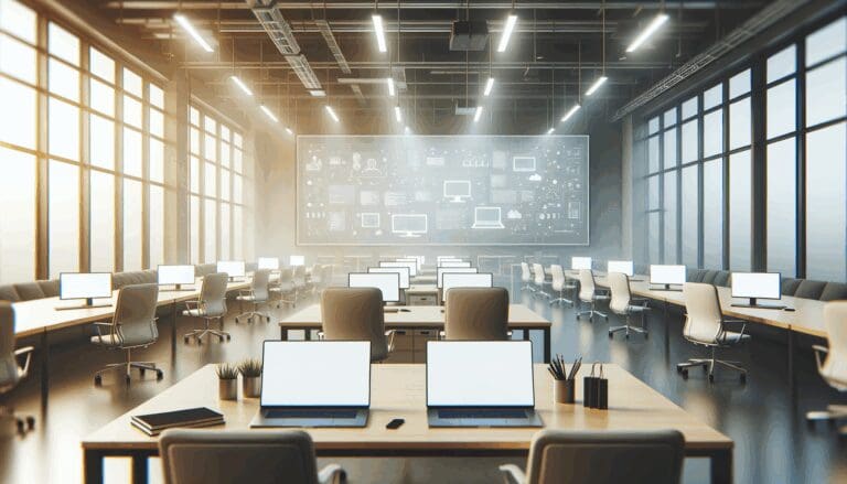 Espacio de coworking moderno vacío con laptops y pizarras digitales, ambiente de startups.