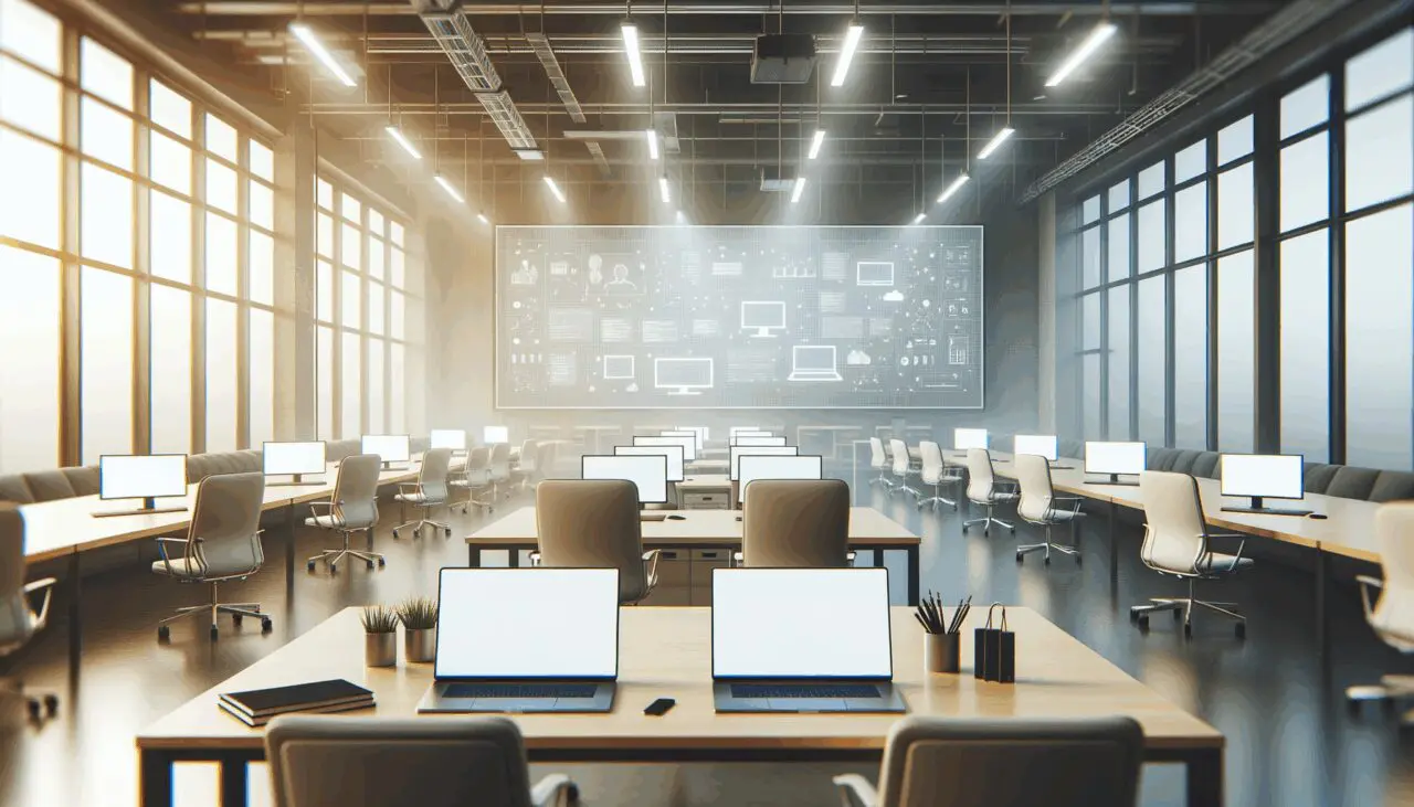 Espacio de coworking moderno vacío con laptops y pizarras digitales, ambiente de startups.