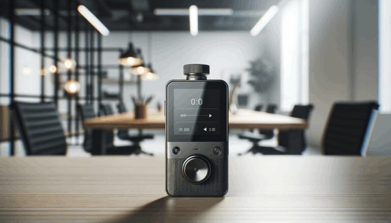 Primer plano de un dispositivo inteligente de grabación sobre una mesa de trabajo en un entorno moderno y luminoso.