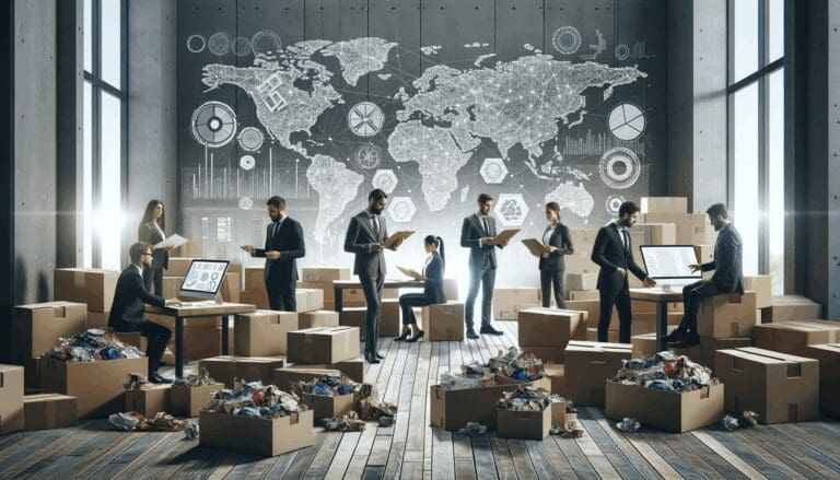 Emprendedores trabajando juntos rodeados de materiales reciclados y pantallas digitales en un espacio moderno.