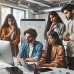 Equipo diverso y joven colaborando en una oficina moderna de coworking, rodeados de tecnología.