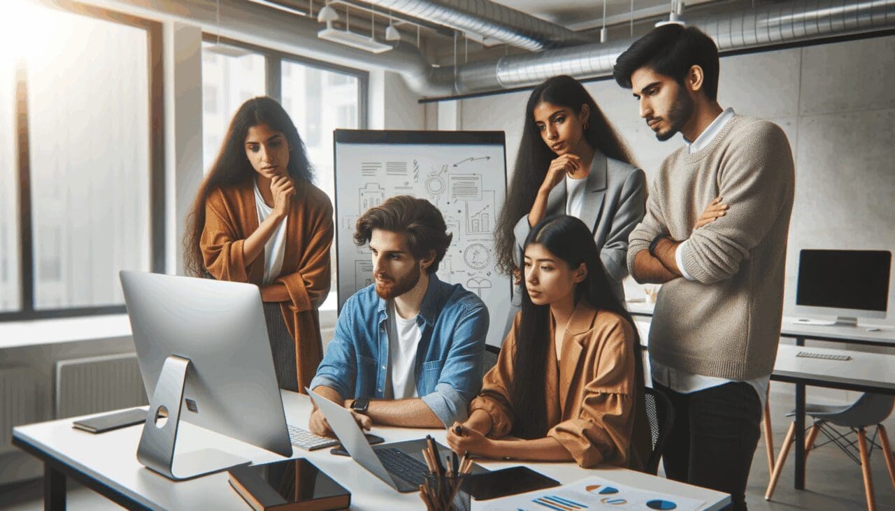 Equipo diverso y joven colaborando en una oficina moderna de coworking, rodeados de tecnología.