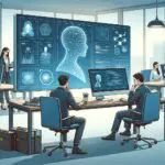 Ilustración de programadores trabajando en una computadora con visualización de inteligencia artificial y datos digitales, en un entorno de oficina moderno.