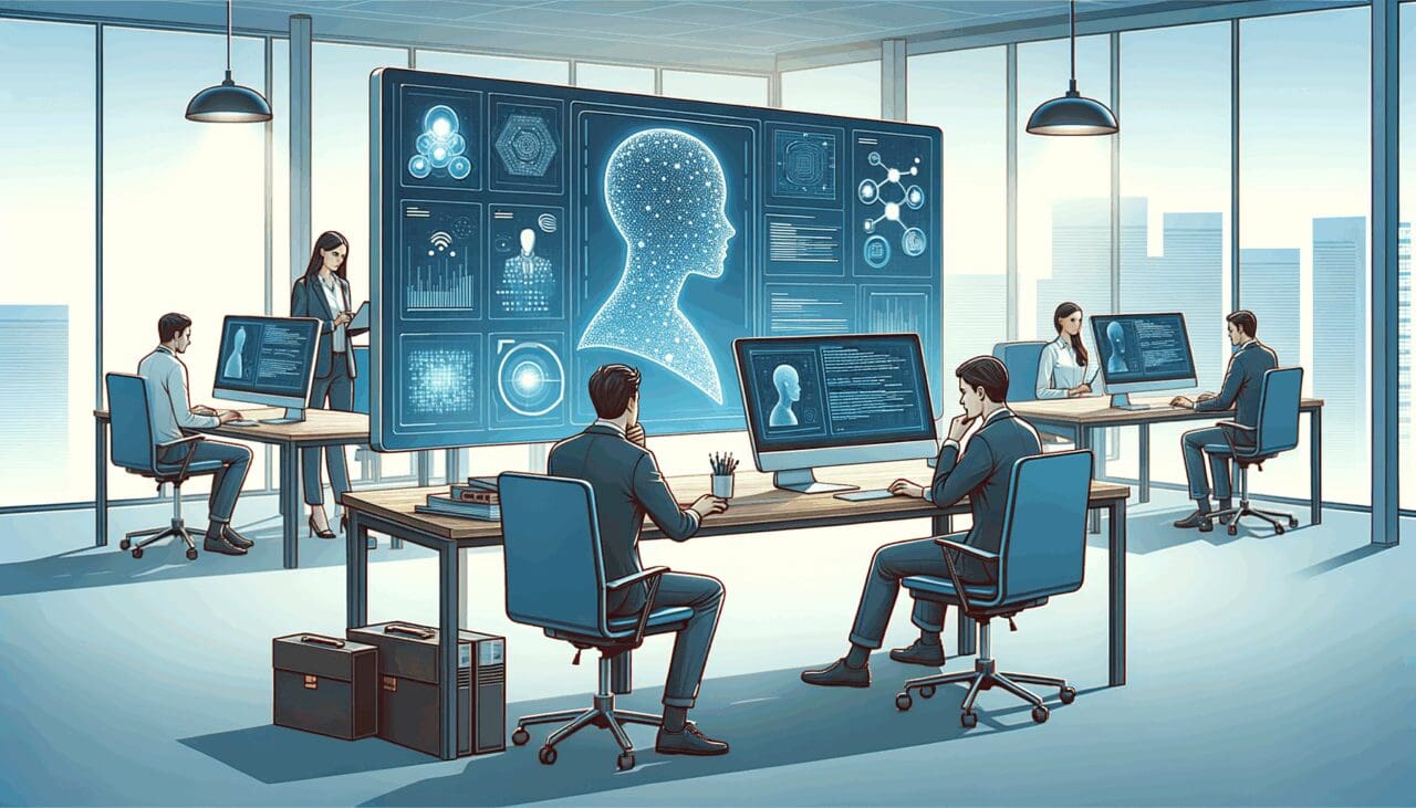 Ilustración de programadores trabajando en una computadora con visualización de inteligencia artificial y datos digitales, en un entorno de oficina moderno.
