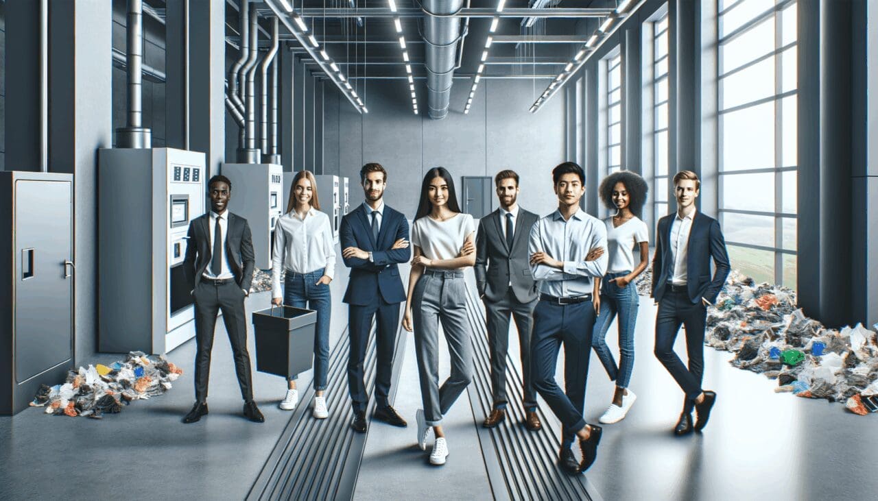 Jóvenes emprendedores trabajando en un moderno centro de reciclaje con tecnología.