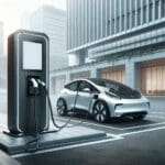 Vehículo eléctrico cargando en una estación moderna al aire libre en un entorno urbano.