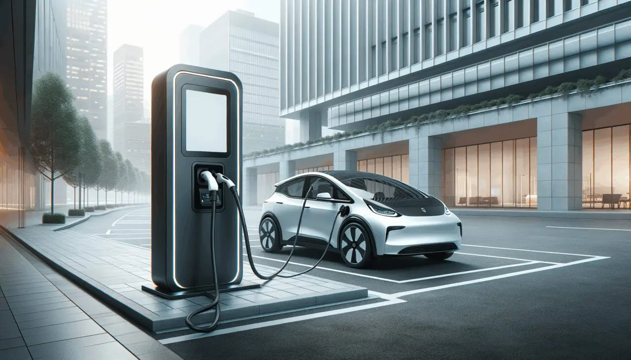 Vehículo eléctrico cargando en una estación moderna al aire libre en un entorno urbano.