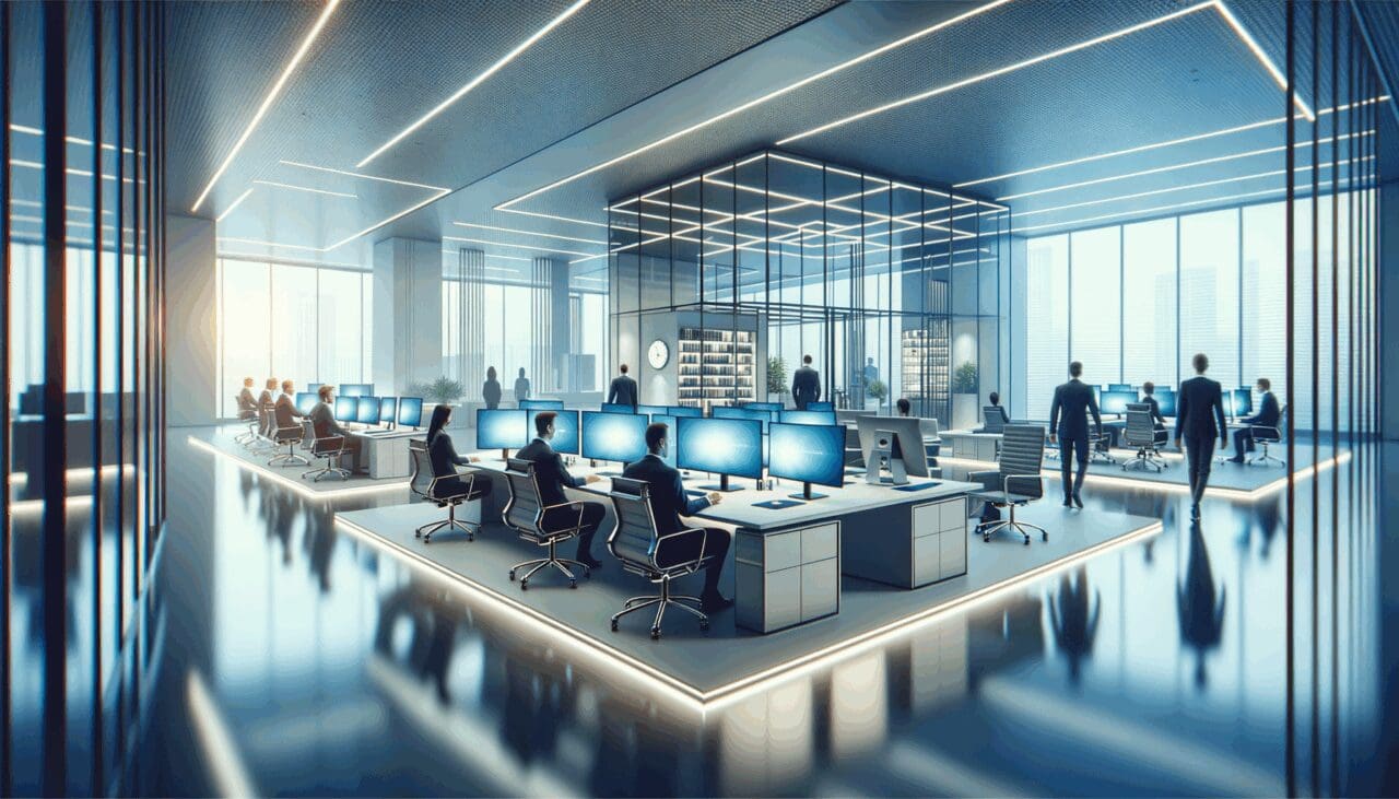 Oficinas modernas con equipos tecnológicos avanzados.