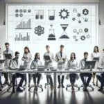 Equipo de jóvenes profesionales en laboratorio moderno, interactuando con tecnología y muestras, ambiente colaborativo.