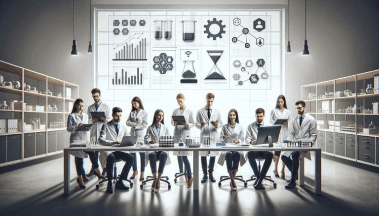 Equipo de jóvenes profesionales en laboratorio moderno, interactuando con tecnología y muestras, ambiente colaborativo.