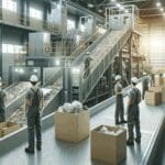 Trabajadores en una planta de reciclaje moderna clasificando materiales en una línea automatizada.