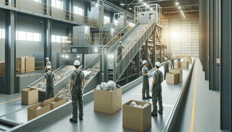 Trabajadores en una planta de reciclaje moderna clasificando materiales en una línea automatizada.