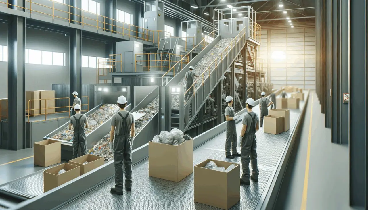 Trabajadores en una planta de reciclaje moderna clasificando materiales en una línea automatizada.