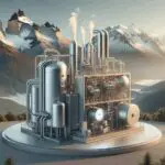 Caldera industrial híbrida en funcionamiento con fondo de montañas chilenas