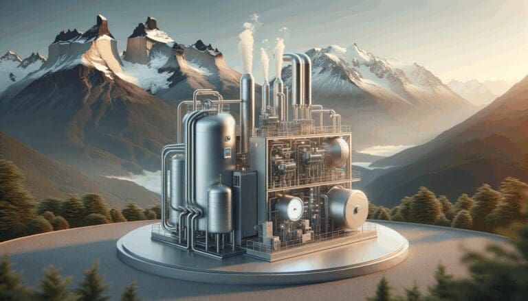Caldera industrial híbrida en funcionamiento con fondo de montañas chilenas