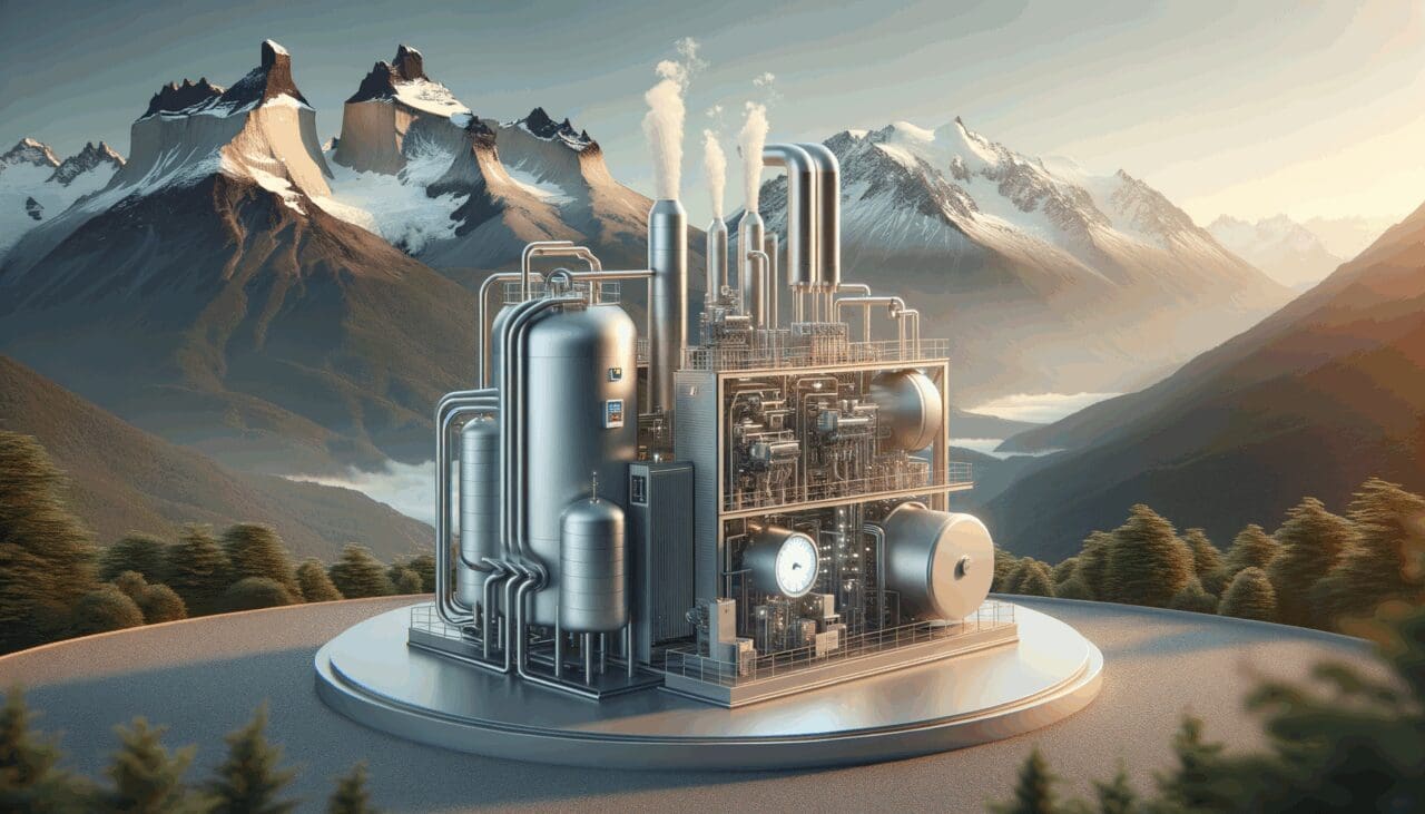 Caldera industrial híbrida en funcionamiento con fondo de montañas chilenas