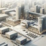 Vista aérea de un campus tecnológico con edificios modernos.