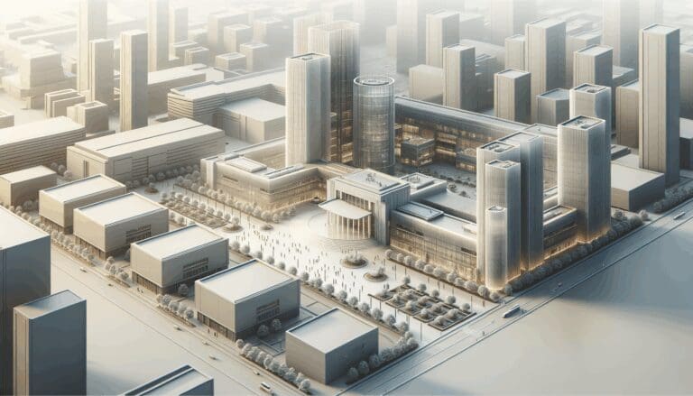 Vista aérea de un campus tecnológico con edificios modernos.