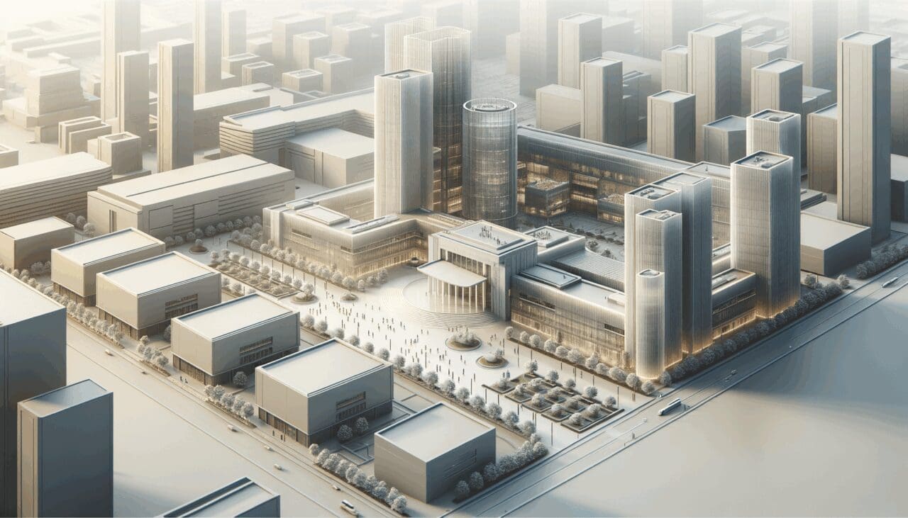 Vista aérea de un campus tecnológico con edificios modernos.