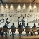 Emprendedores en una sala de reuniones moderna revisando gráficos y laptops, fondo neutro.