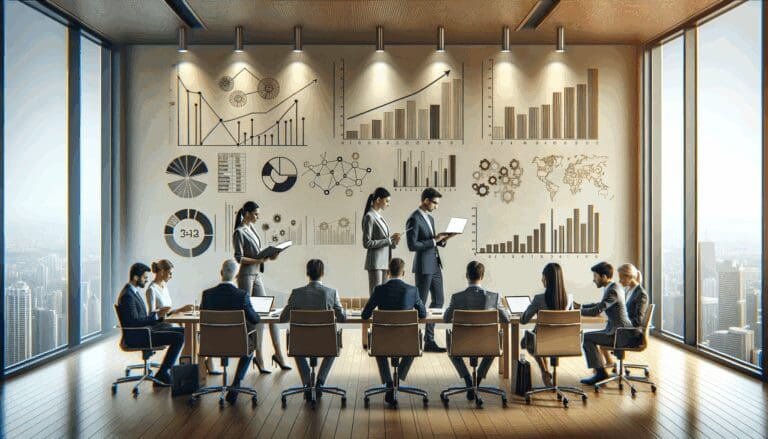 Emprendedores en una sala de reuniones moderna revisando gráficos y laptops, fondo neutro.