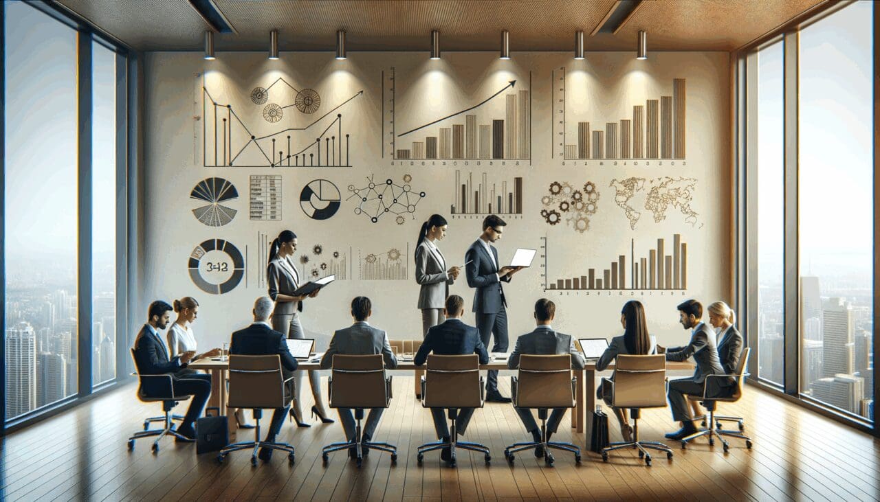 Emprendedores en una sala de reuniones moderna revisando gráficos y laptops, fondo neutro.