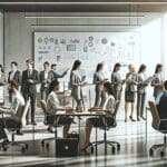 Personas colaborando en un moderno espacio de coworking, rodeados de computadoras y pizarras digitales.