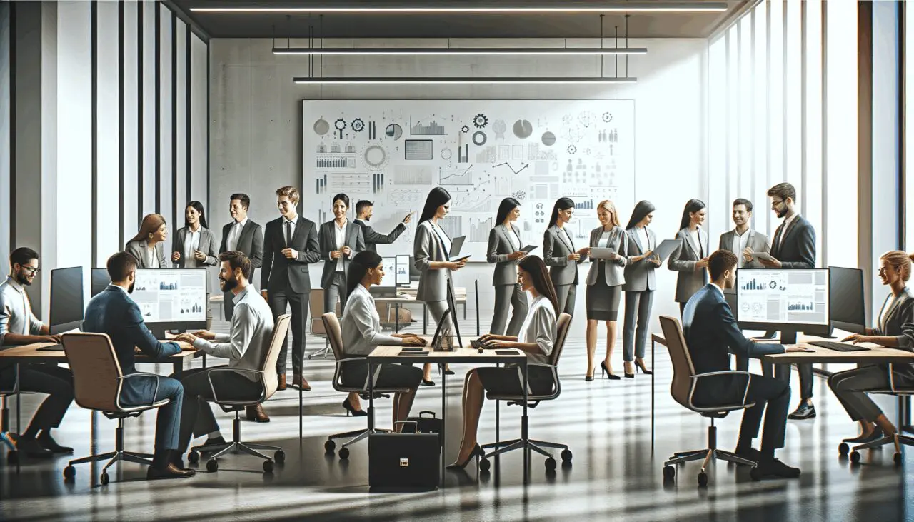 Personas colaborando en un moderno espacio de coworking, rodeados de computadoras y pizarras digitales.