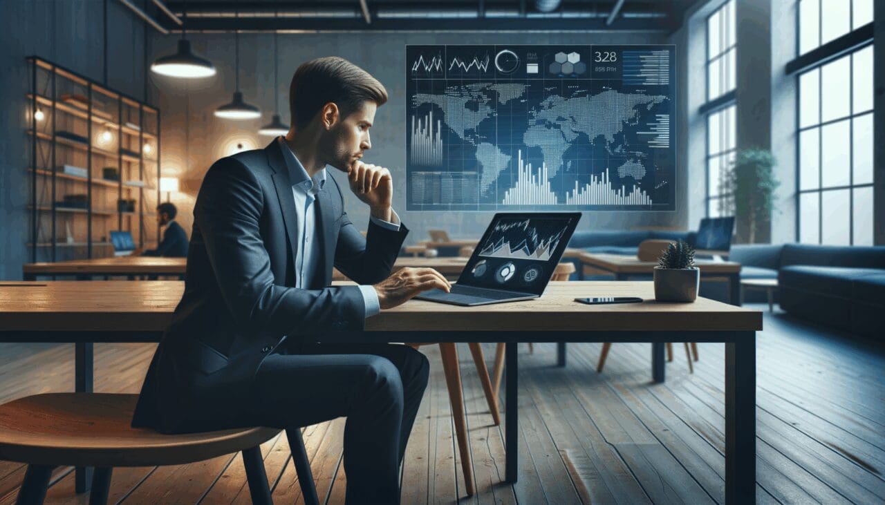 Emprendedor en un moderno espacio de coworking revisando gráficos de inversión en una laptop.