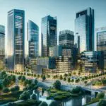 Edificios modernos en Madrid con áreas verdes, reflejando un ambiente empresarial dinámico y tecnológico.